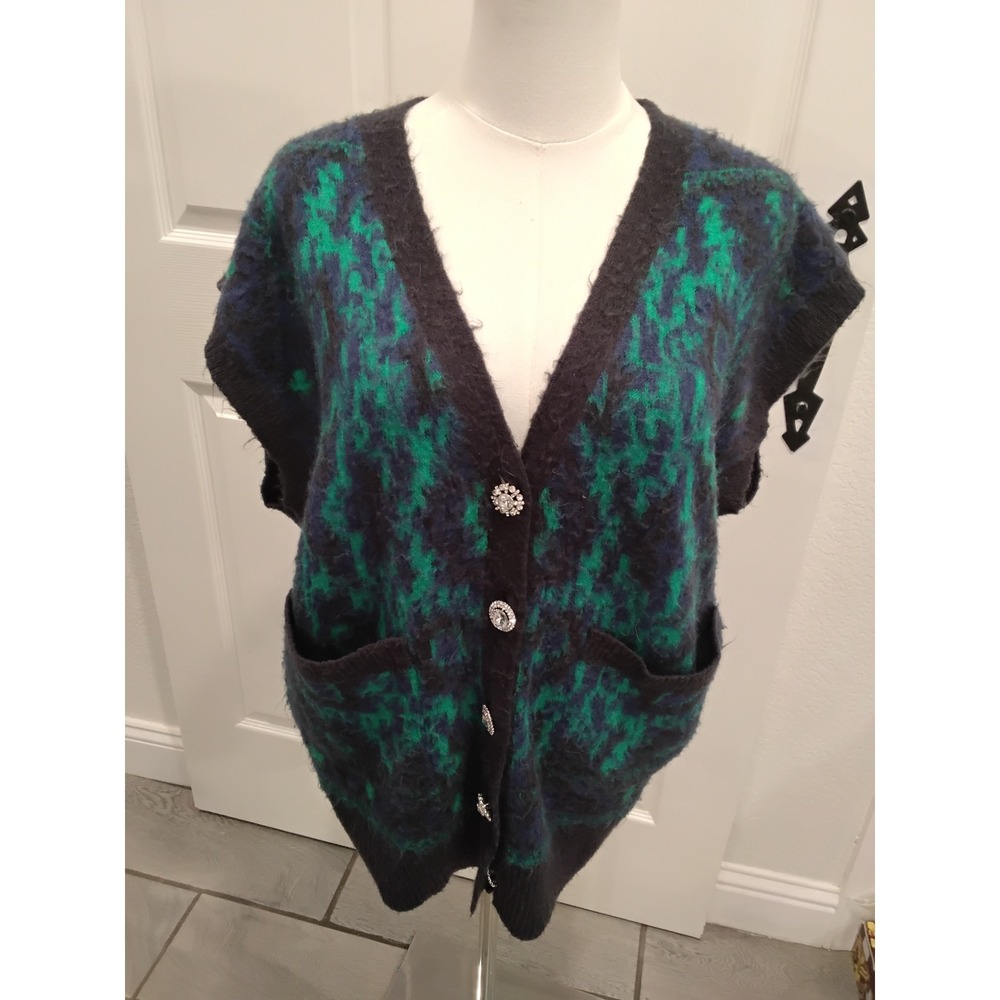 Melody Ehsani ME Oversized Knit Cardigan Vest Green Blue Rhinestone Button -M